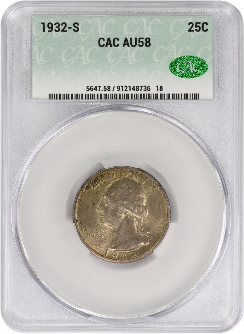 Washington Silver Quarter 1932 AU58 CACG: Washington Silver Quarter 1932 AU58 CACG The 1932 Washington Silver Quarter is a circulated coin with a high grade of AU58, certified by CACG. This coin features a reeded edge and a diameter of 24.30 