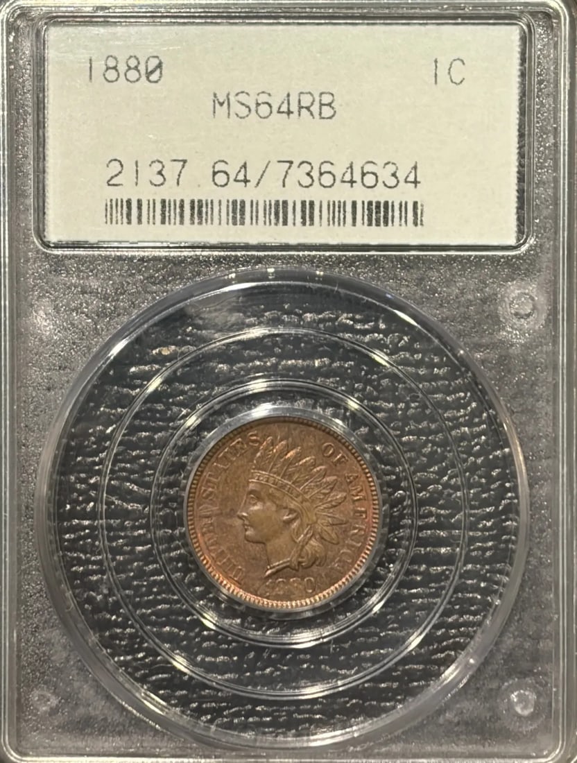 INDIAN CENT PCGS MS64 OGH RB 1880: INDIAN CENT PCGS MS64 OGH RB 1880 PCGS MS64 OGH RB 1880 - A Highly Detailed and Certified 1880 Indian Head Cent. This coin, certified by PCGS, boasts a stunning MS64 grade and is in uncirculated condi