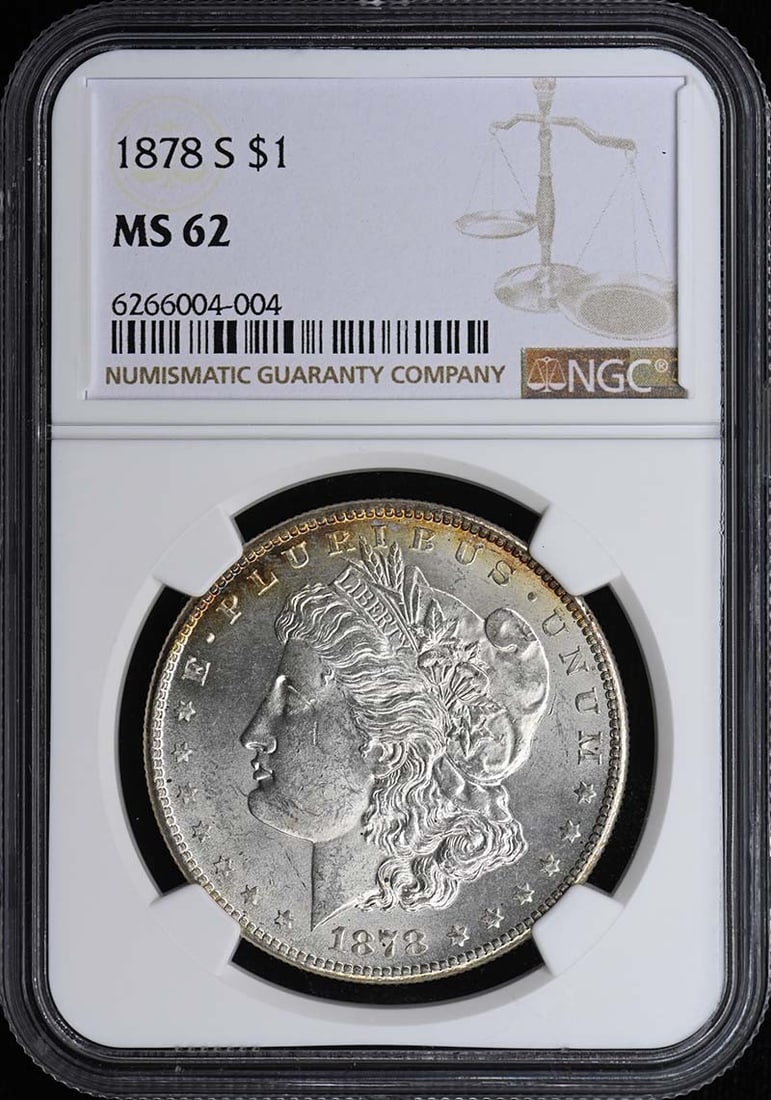 Morgan Dollar S$1 NGC MS62: Morgan Dollar S$1 NGC MS62 The 1878 Morgan Dollar, graded MS62 by the Numismatic Guaranty Corporation (NGC), is a highly detailed and well-crafted coin. Certified as uncirculated, this coin showcases 