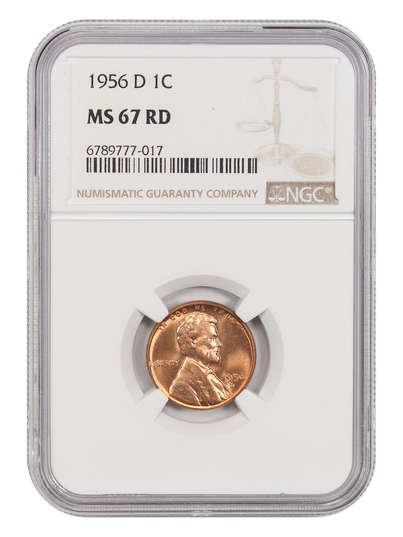 1956-D 1C NGC MS67RD - Lincoln Cent (Wheat Reverse): 1956-D 1C NGC MS67RD - Lincoln Cent (Wheat Reverse) The 1956-D 1C NGC MS67RD Lincoln Cent boasts a rich history, featuring the iconic Wheat Reverse design. Certified by the Numismatic Guaranty