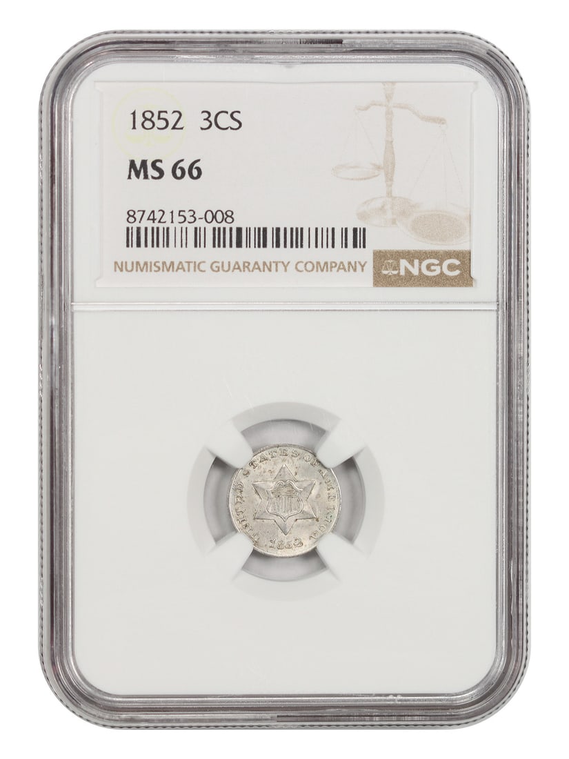 1852 3CS NGC MS66 - Three Cent Silver: 1852 3CS NGC MS66 - Three Cent Silver 1852 Three Cent Silver Coin, graded MS66 by the Numismatic Guaranty Corporation (NGC), showcases exceptional minting quality with its rich silver tone and