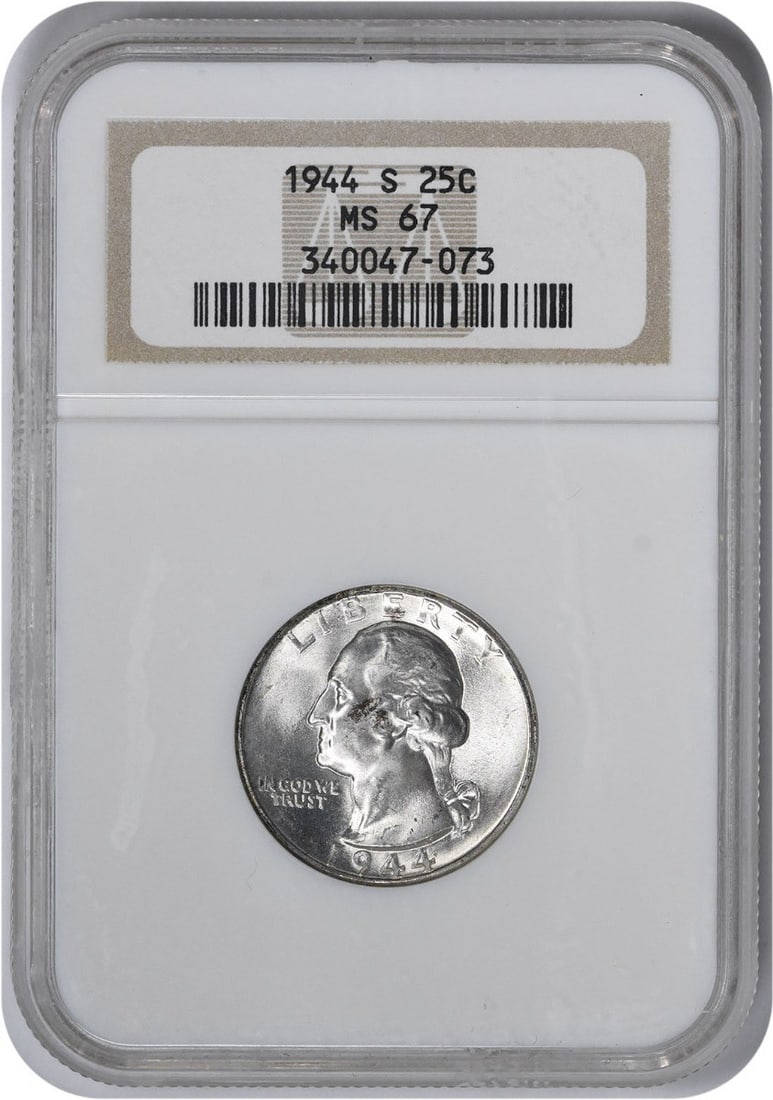 1944-S Washington Silver Quarter MS67 NGC: 1944-S Washington Silver Quarter MS67 NGC The 1944-S Washington Silver Quarter MS67 NGC is a highly graded circulated/uncirculated coin, certified by the Numismatic Guaranty Corporation (NGC) with a g