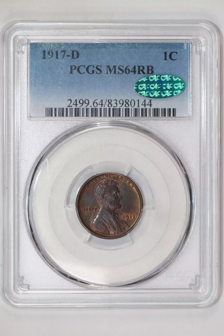 MS64 PCGS WHEAT CENT LINCOLN CAC RB 1917-D: MS64 PCGS WHEAT CENT LINCOLN CAC RB 1917-D MS64 PCGS WHEAT CENT LINCOLN CAC RB 1917-D is a highly graded, uncirculated 1917-D Wheat Cent with a strong reputation among collectors. The coin's MS64 grad