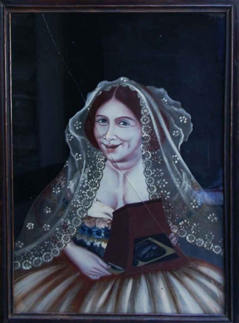 Lady with Viewing Lens Framed Antique Reverse Glass Painting Western Chinese: Lady with Viewing Lens Framed Antique Reverse Glass Painting Western Chinese Item Specifics: Subject: Western Woman with Peep Show Viewer Material: Reverse glass painting in wood frame Style: Japanese
