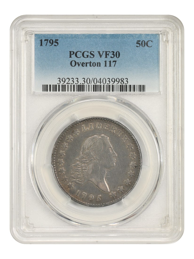 1795 50C PCGS VF30 (2 Leaves, O-117) - Flowing Hair Half Dollar: 1795 50C PCGS VF30 (2 Leaves, O-117) - Flowing Hair Half Dollar The 1795 50C PCGS VF30 (2 Leaves, O-117) - Flowing Hair Half Dollar is a circulated example of one of the first half dollars minted in t