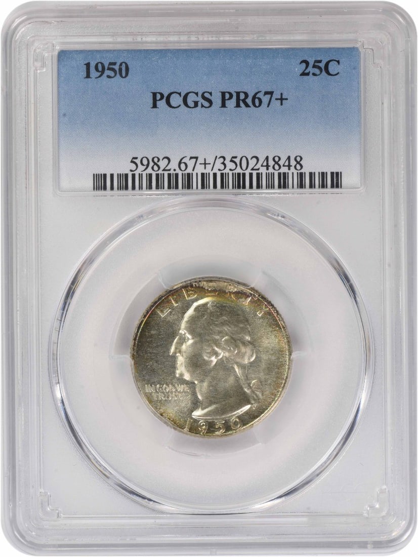 1950 Washington Quarter PR67+ PCGS: 1950 Washington Quarter PR67+ PCGS The 1950 Washington Quarter is a highly graded PR67+ coin, certified by PCGS. This uncirculated coin features a striking design by John Flanagan and is made of 90% s