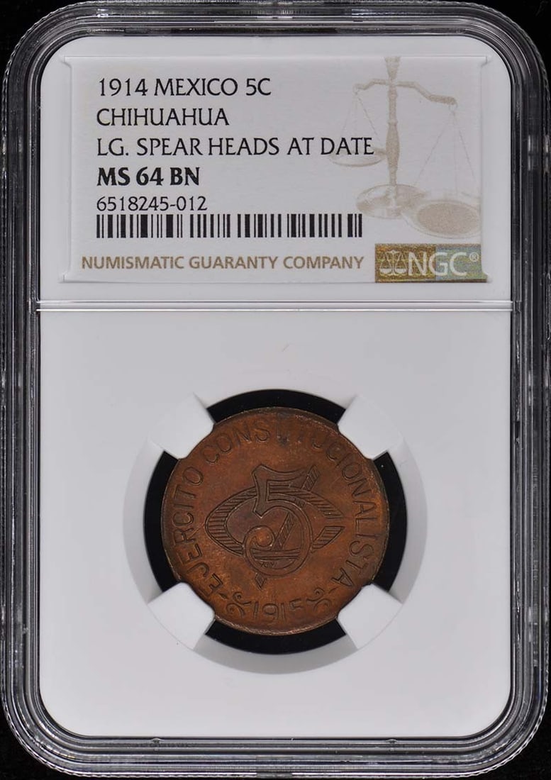 1914 MEXICO CHIHUAHUA 5C NGC MS64BN: 1914 MEXICO CHIHUAHUA 5C NGC MS64BN The 1914 Mexico Chihuahua 5C NGC MS64BN is an uncirculated coin from a highly regarded series, featuring a unique design that showcases the country's rich history. 