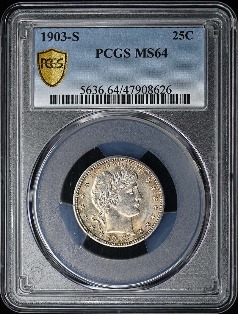 1903-S 25C Barber Quarter PCGS MS64: 1903-S 25C Barber Quarter PCGS MS64 The 1903-S 25C Barber Quarter is a highly graded MS64 coin, certified by PCGS. This uncirculated coin features the iconic Barber design and was minted in San Franci