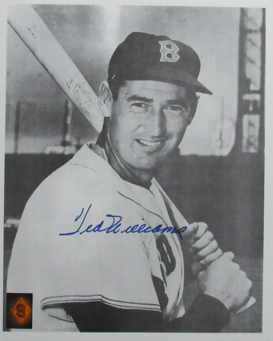 Ted Williams HOF Signed/ Auto 11x14 Photo Red Sox Green Diamond Holo TWF 198585: Ted Williams HOF Signed/ Auto 11x14 Photo Red Sox Green Diamond Holo TWF 198585 Signed 11x14 photo of Ted Williams, a legendary Red Sox player, featuring a stunning green diamond hologram. This unique