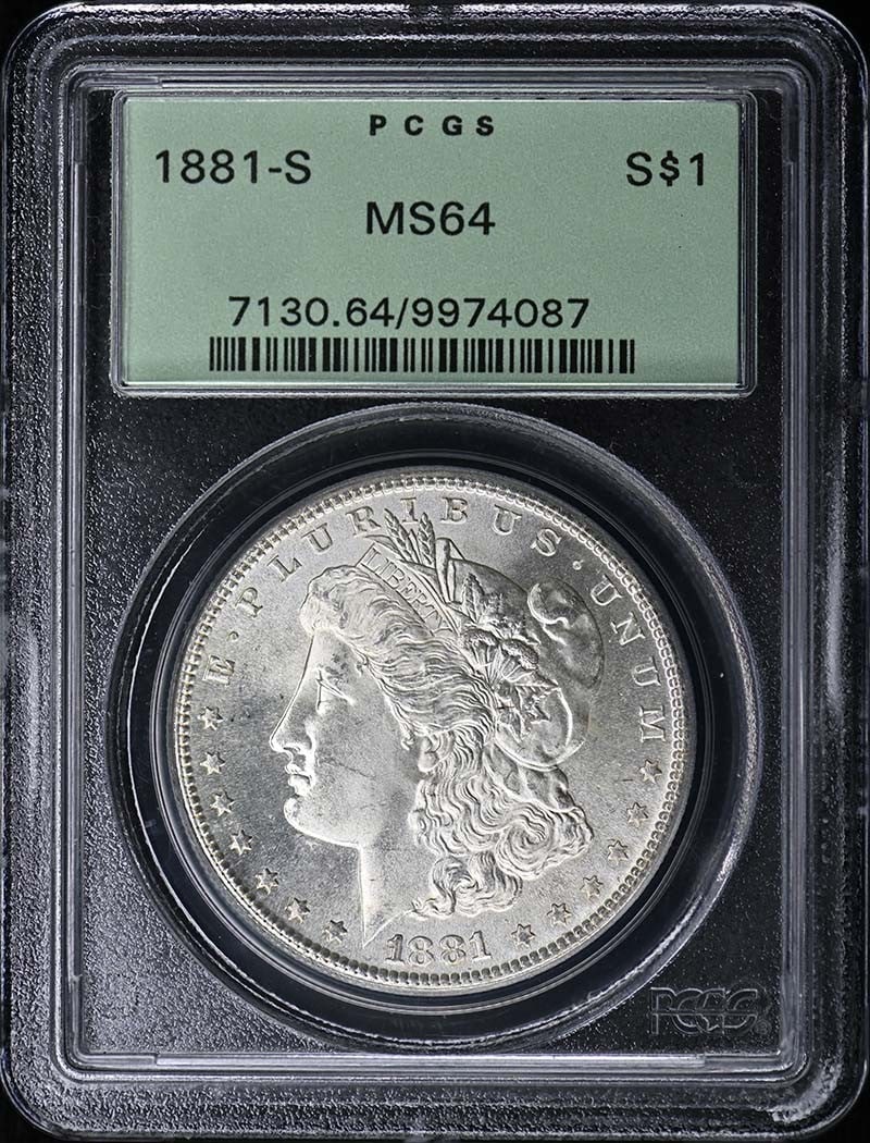 1881-S $1 Morgan Dollar PCGS MS64: 1881-S $1 Morgan Dollar PCGS MS64 The 1881-S $1 Morgan Dollar is a highly sought-after coin, graded MS64 by PCGS. This uncirculated coin was minted in San Francisco and features the iconic design of A