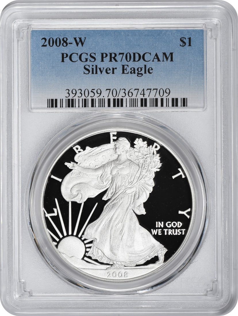 2008-W American Silver Eagle Dollar PR70DCAM PCGS Proof 70 Deep Cameo: 2008-W American Silver Eagle Dollar PR70DCAM PCGS Proof 70 Deep Cameo The 2008-W American Silver Eagle Dollar is a stunning Proof 70 Deep Cameo, certified by PCGS. This coin boasts a striking Deep Cam