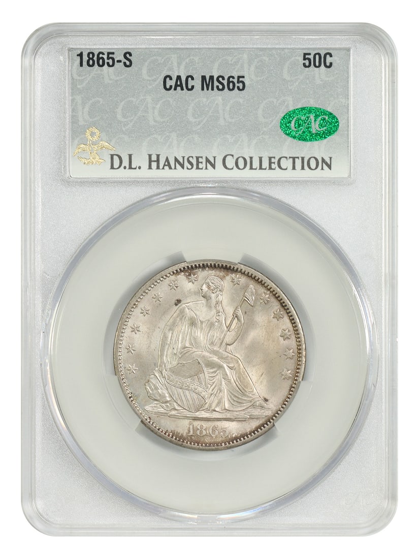 1865-S 50C CACG MS65 ex: D.L. Hansen - Liberty Seated Half Dollar: 1865-S 50C CACG MS65 ex: D.L. Hansen - Liberty Seated Half Dollar The 1865-S 50C CACG MS65 ex: D.L. Hansen Liberty Seated Half Dollar is a highly graded uncirculated coin featuring a rich history and 