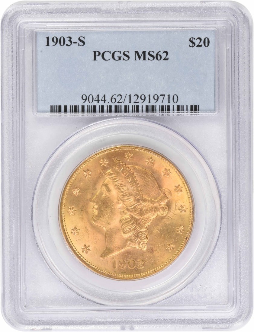 1903-S $20 Gold Liberty Head MS62 PCGS: 1903-S $20 Gold Liberty Head MS62 PCGS The 1903-S $20 Gold Liberty Head MS62 PCGS is a highly detailed and well-crafted coin, with its intricate design and precise minting showcasing the skill of the 