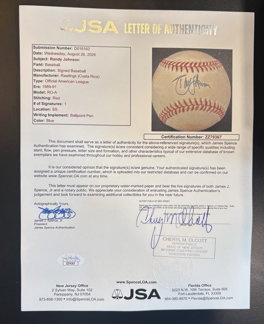 JOHNSON RANDY SIGNED BASEBALL JSA LOA - 5