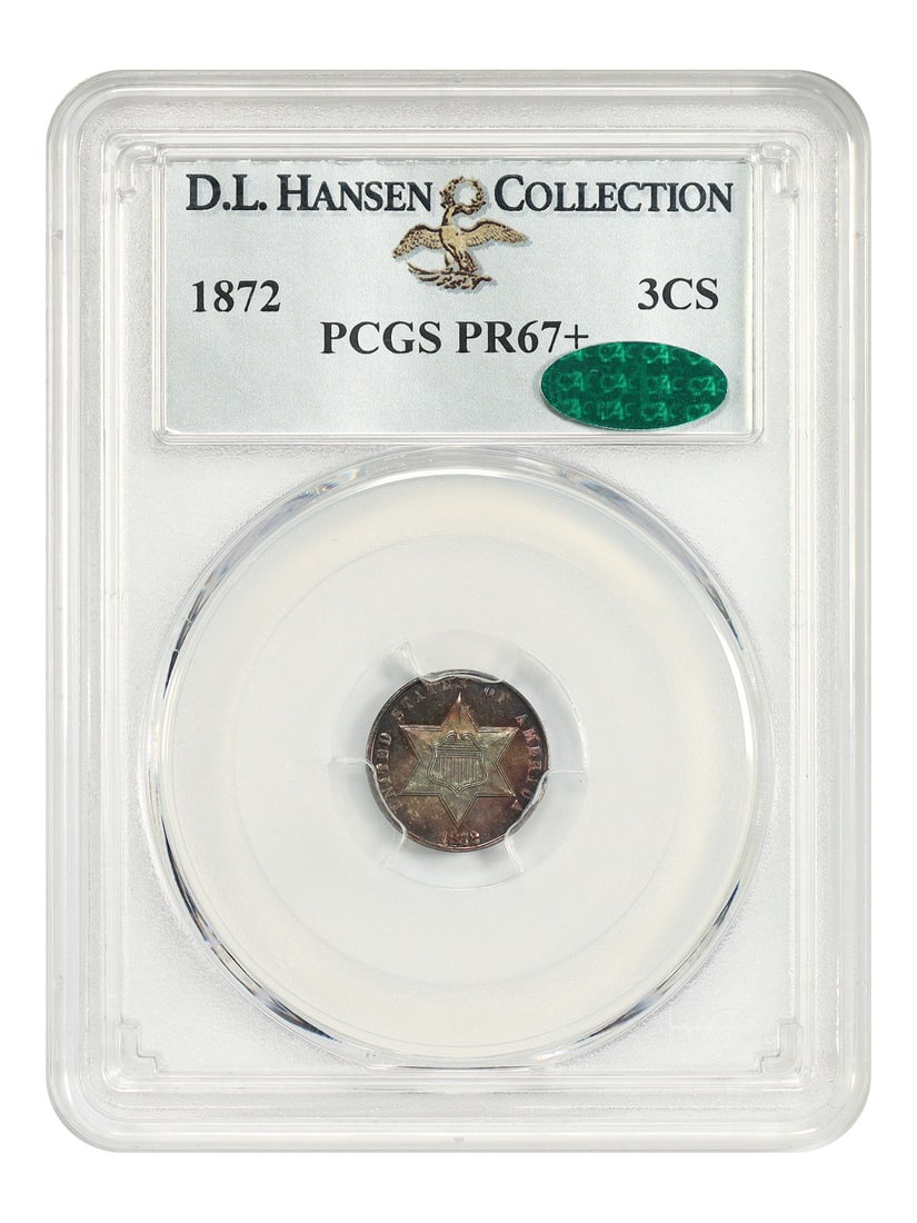 PCGS CAC PR67+ 1872 ex D.L. Hansen: PCGS CAC PR67+ 1872 ex D.L. Hansen PCGS CAC PR67+ 1872 ex D.L. Hansen is a highly graded, uncirculated 3CS coin from the 1872 Philadelphia mint, certified by the Professional Coin Grading Service (PCG