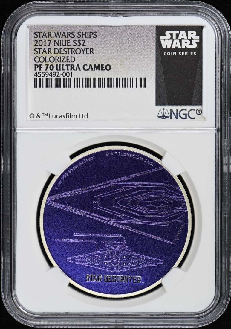 Niue Star Destroyer Colorized S$2 NGC PR70DCAM: Niue Star Destroyer Colorized S$2 NGC PR70DCAM PR70DCAM graded by NGC, this 2017 Niue Star Destroyer coin boasts a stunning colorized design, showcasing the Star Destroyer in all its glory. The coin's