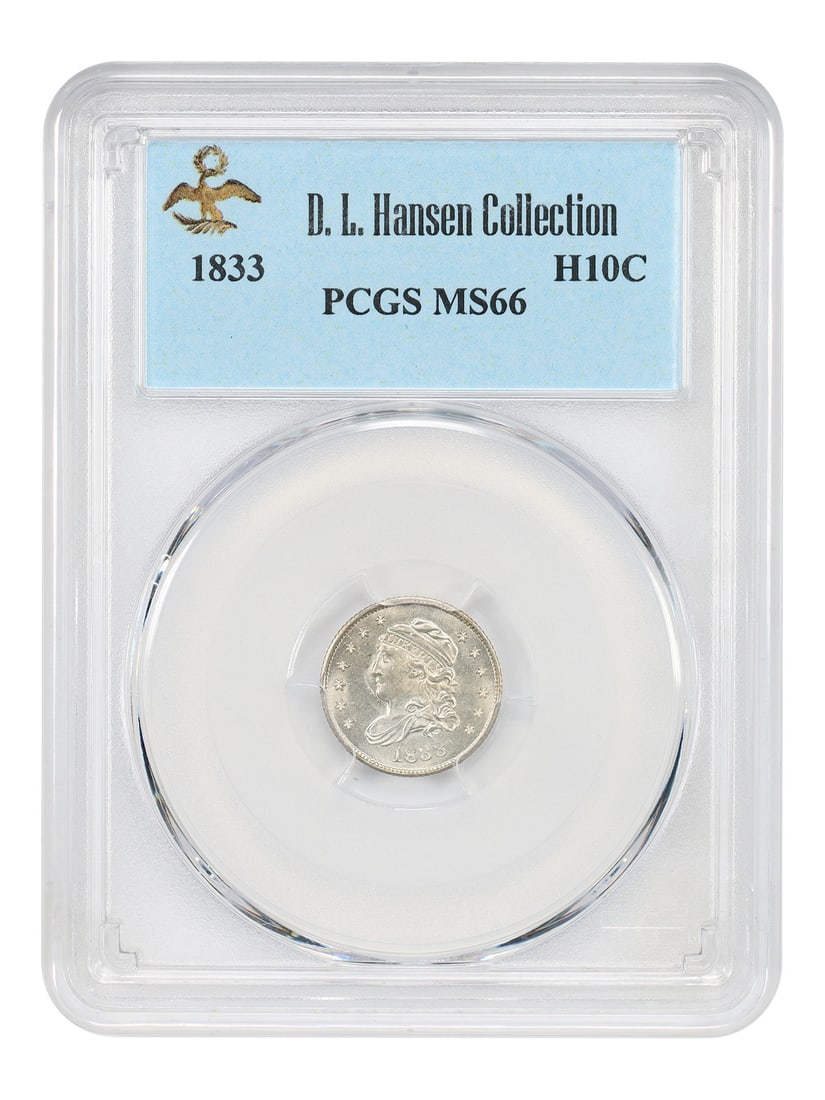 1833 H10C PCGS MS66 ex: D.L. Hansen: 1833 H10C PCGS MS66 ex: D.L. Hansen The 1833 H10C is a highly sought-after coin, graded MS66 by PCGS, indicating its exceptional condition. Certified by the prestigious Professional Coin Grading Servi