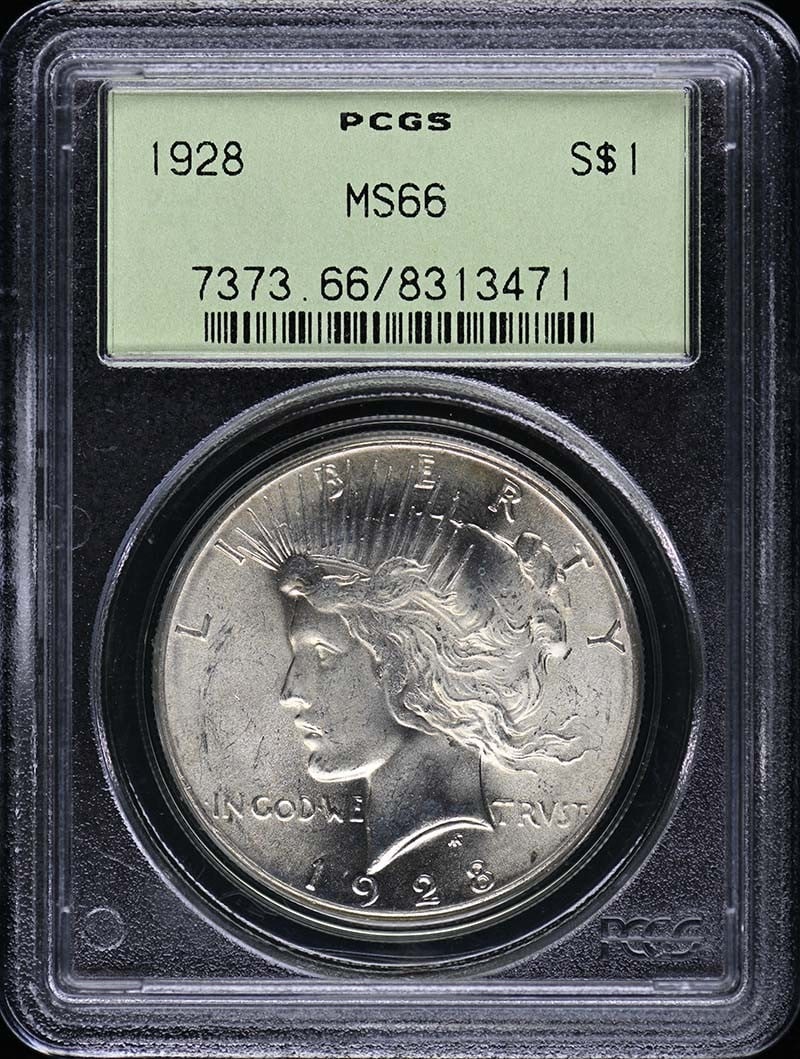MS66 PCGS OGH $1 1928 Peace Dollar: MS66 PCGS OGH $1 1928 Peace Dollar MS66 PCGS OGH $1 1928 Peace Dollar is a highly graded uncirculated coin, certified by PCGS with a grade of MS66. This 1928 Peace Dollar features the iconic design of