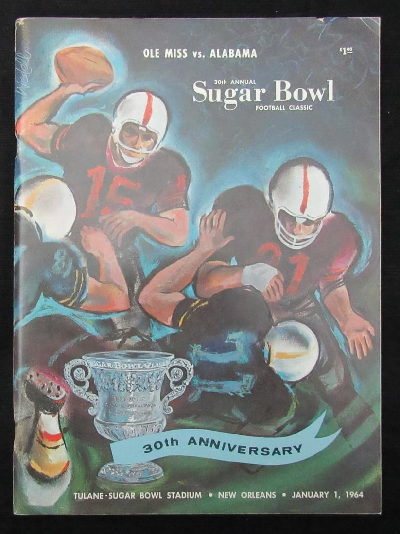 Jan. 1, 1964 Sugar Bowl Ole Miss vs. Alabama NCAA Football Game Program 194653: Jan. 1, 1964 Sugar Bowl Ole Miss vs. Alabama NCAA Football Game Program 194653 Original 1964 Sugar Bowl program featuring Ole Miss vs. Alabama NCAA football matchup, a piece of sports history with