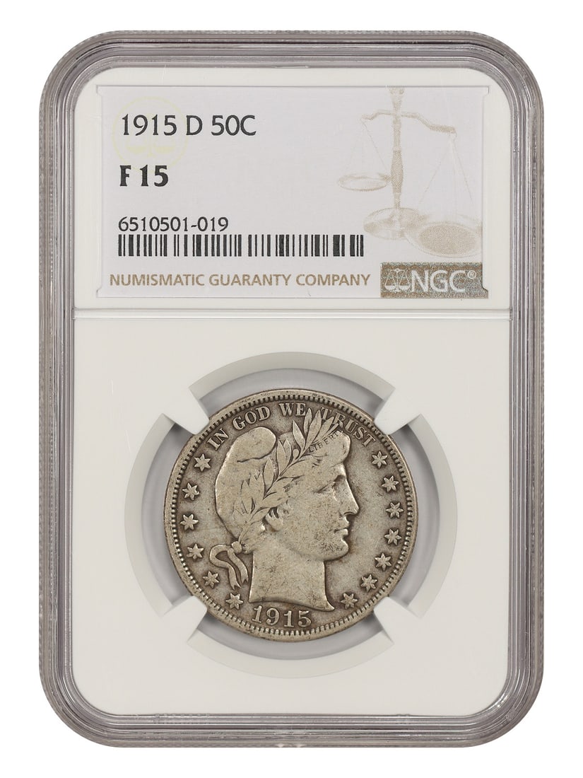 NGC Fine 50C 1915-D Barber Half Dollar: NGC Fine 50C 1915-D Barber Half Dollar NGC Fine 50C 1915-D Barber Half Dollar, a circulated example from the Denver Mint, bears the mark of the National Coin Grading Service, verifying its authenticit