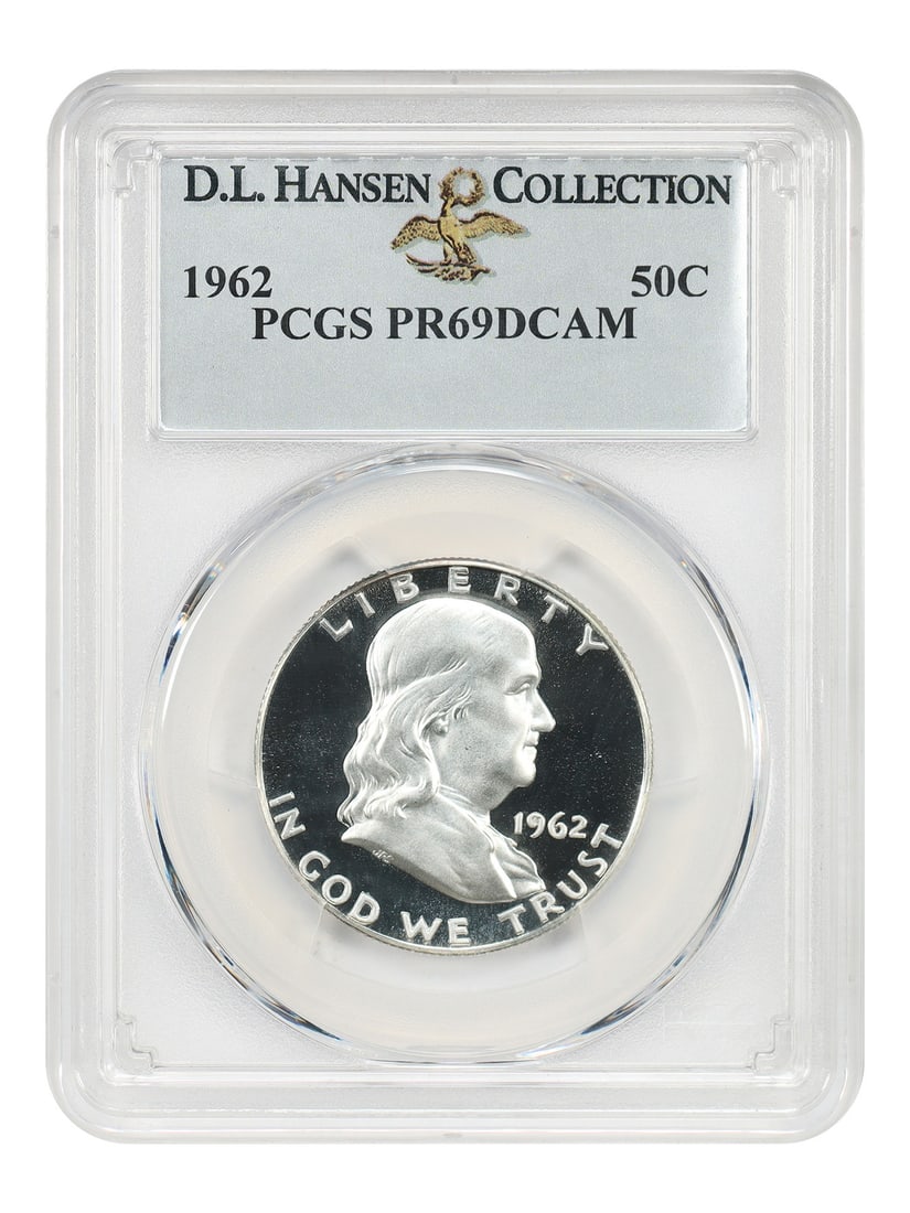 1962 50C PCGS PR69DCAM ex: D.L. Hansen: 1962 50C PCGS PR69DCAM ex: D.L. Hansen 1962 50C PCGS PR69DCAM ex: D.L. Hansen - A high-grade, uncirculated 1962 half dollar with a PCGS certification number, showcasing excellent condition and a