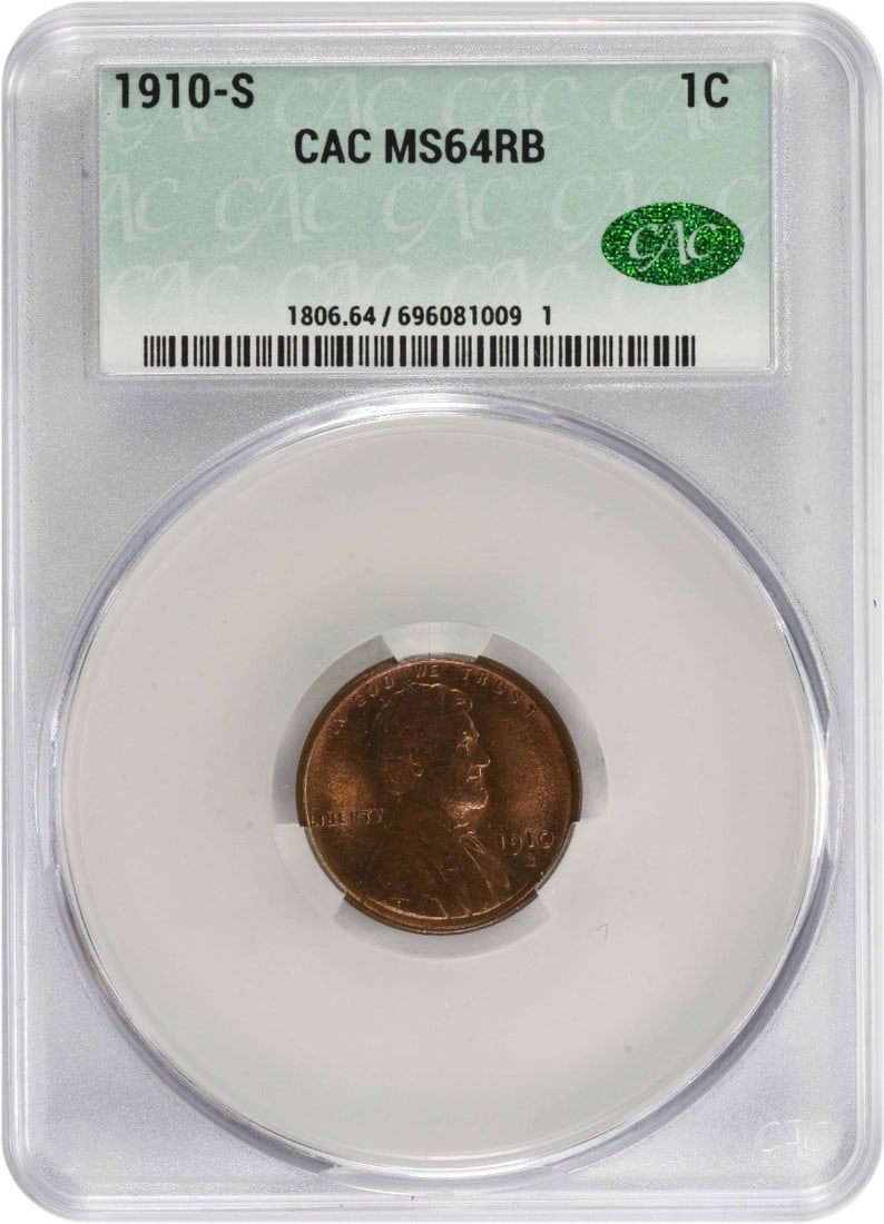1910-S Lincoln Cent MS64RB CACG: 1910-S Lincoln Cent MS64RB CACG The 1910-S Lincoln Cent MS64RB CACG is a highly detailed and well-preserved example of the Lincoln Wheat cent, with a rich brown color and subtle radiating lines on the