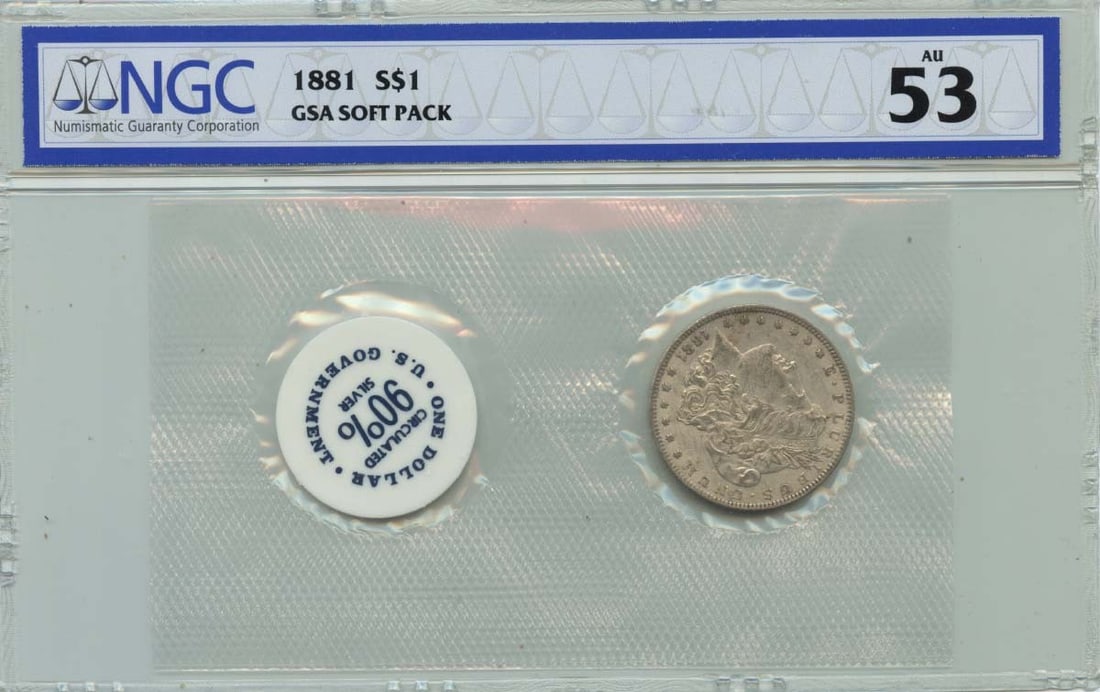 Morgan Dollar 1881 AU53 Soft Pack S$1: Morgan Dollar 1881 AU53 Soft Pack S$1 The 1881 Morgan Dollar AU53 Soft Pack is a circulated coin from the Philadelphia mint, graded AU53 by the NGC. This coin features the iconic design of Augustus