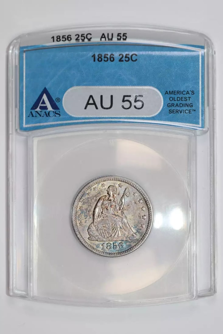 1856 SEATED LIBERTY QUARTER ANACS AU55 - VERY CHOICE PQ ORIGINAL: 1856 SEATED LIBERTY QUARTER ANACS AU55 - VERY CHOICE PQ ORIGINAL The 1856 Seated Liberty Quarter is a stunning example of American numismatics, featuring a beautifully rendered portrait of Liberty on 