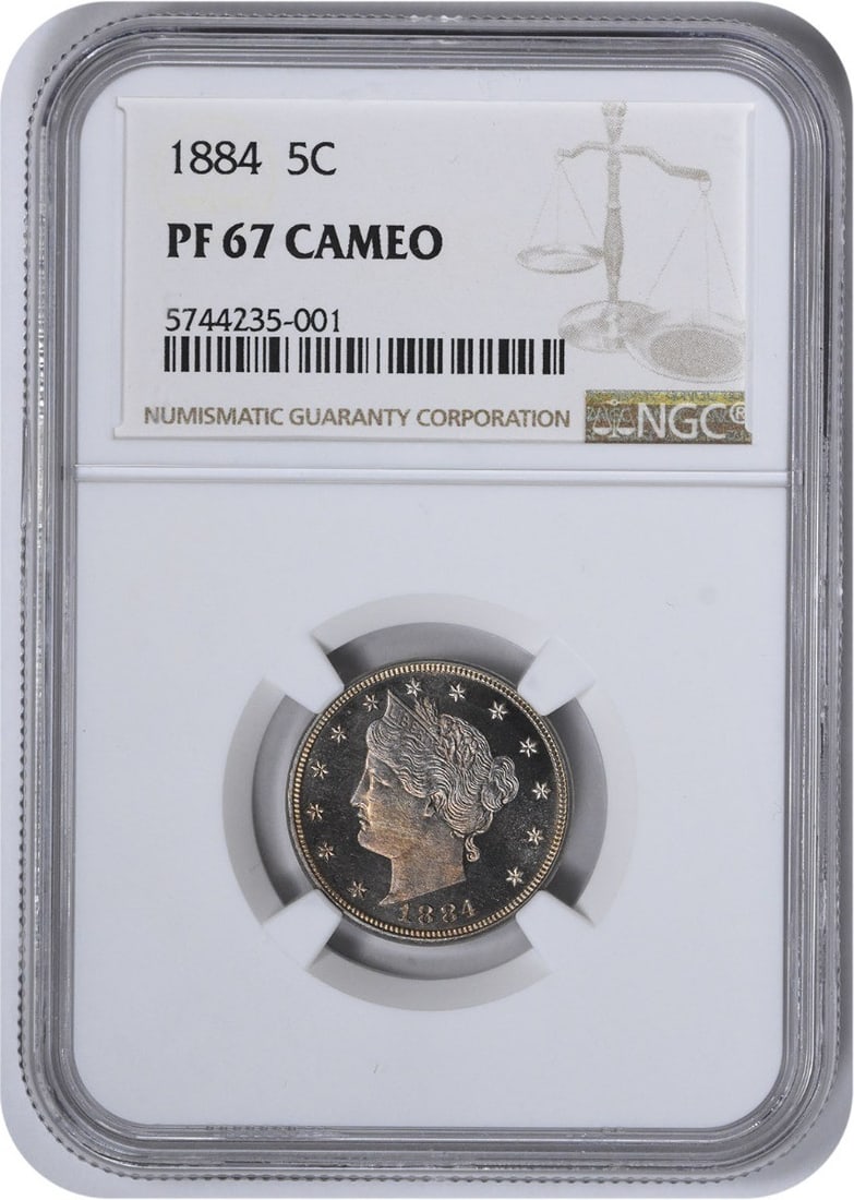 Liberty Nickel 1884 PR67CAM NGC: Liberty Nickel 1884 PR67CAM NGC PR67CAM is a testament to the exceptional quality of this 1884 Liberty Nickel, boasting a stunning grade from the NGC. The coin's intricate details and precise strike m