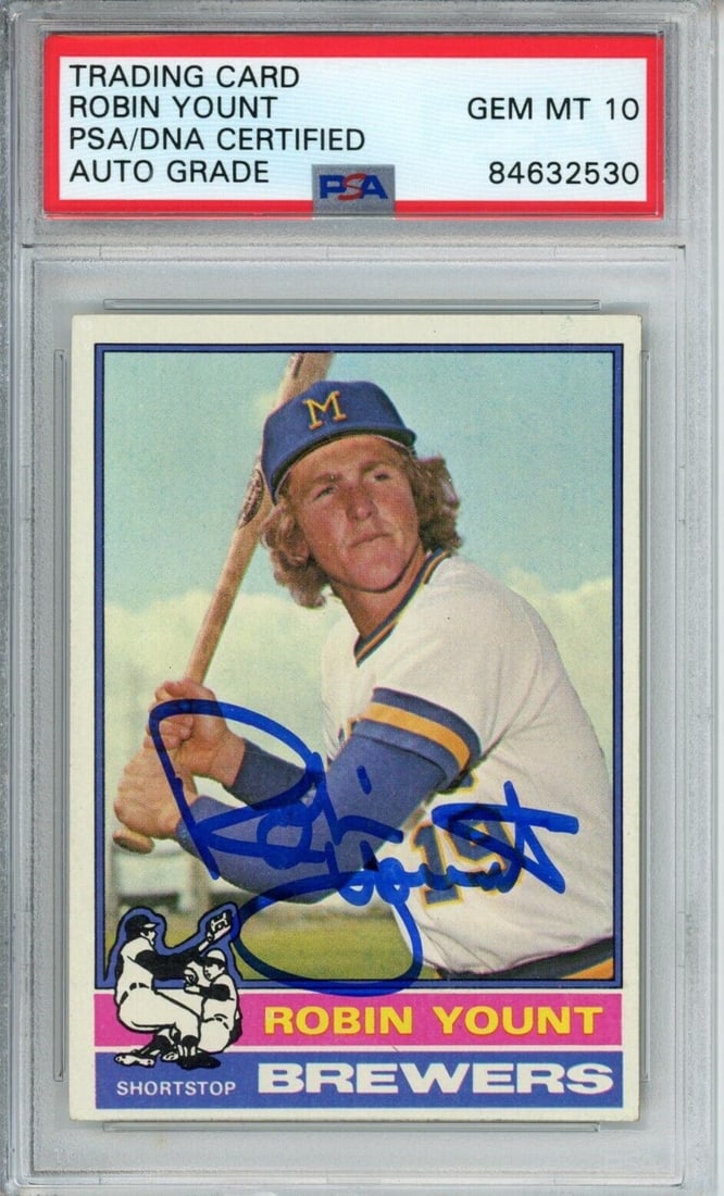 1976 Topps Robin Yount HOF #316 Card Signed Brewers PSA/ DNA GEM MINT 10 170624: 1976 Topps Robin Yount HOF #316 Card Signed Brewers PSA/ DNA GEM MINT 10 170624 Signed in 1976 by Robin Yount, the legendary shortstop and center fielder for the Milwaukee Brewers, this PSA/DNA GEM MI