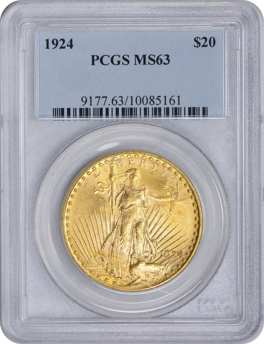 1924 $20 Gold St. Gaudens MS63 PCGS: 1924 $20 Gold St. Gaudens MS63 PCGS The 1924 $20 Gold St. Gaudens MS63 PCGS is a highly detailed and intricately designed gold coin, featuring the iconic portrait of President Grover Cleveland on the 