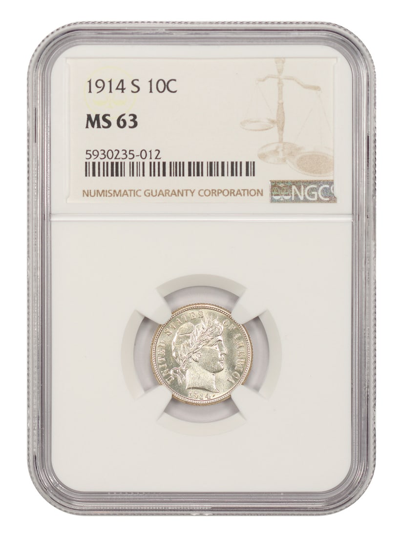Barber Dime 1914 S 10c NGC MS63: Barber Dime 1914 S 10c NGC MS63 The Barber Dime 1914 S is a highly detailed and well-preserved coin, certified by the NGC as MS63. This uncirculated coin features the San Francisco mint mark and is a