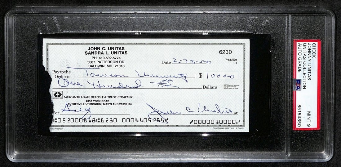 Unitas HOF Signed/ Colts 2000 Bank Check PSA DNA MINT 9: Unitas HOF Signed/ Colts 2000 Bank Check PSA DNA MINT 9 Johnny Unitas' Hall of Fame signature on a 2000 bank check from his time with the Colts is a unique piece of NFL history, bearing the DNA Mint