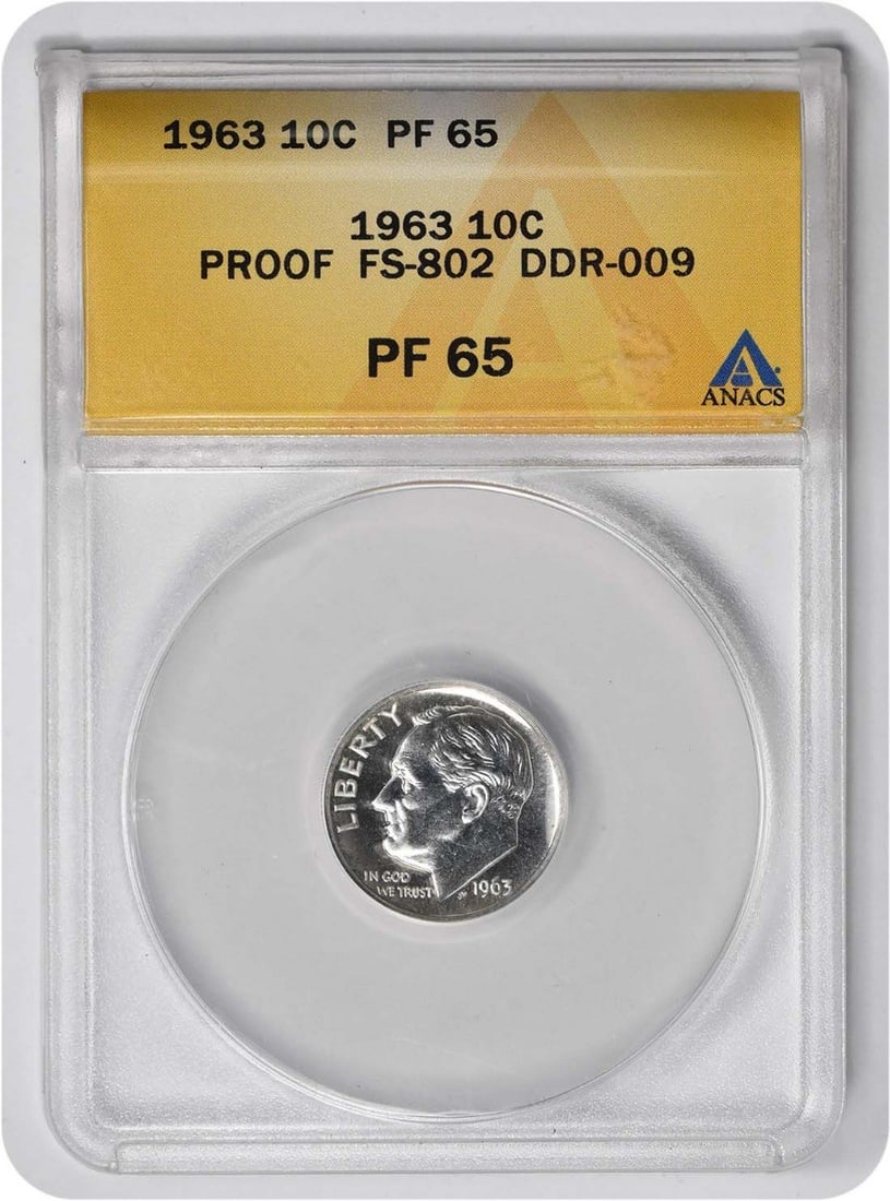 1963 Roosevelt Silver Dime DDR FS-802 PRF65 ANACS: 1963 Roosevelt Silver Dime DDR FS-802 PRF65 ANACS The 1963 Roosevelt Silver Dime is a rare and highly detailed coin, certified by ANACS with a PR65 grade, indicating its exceptional condition. With it