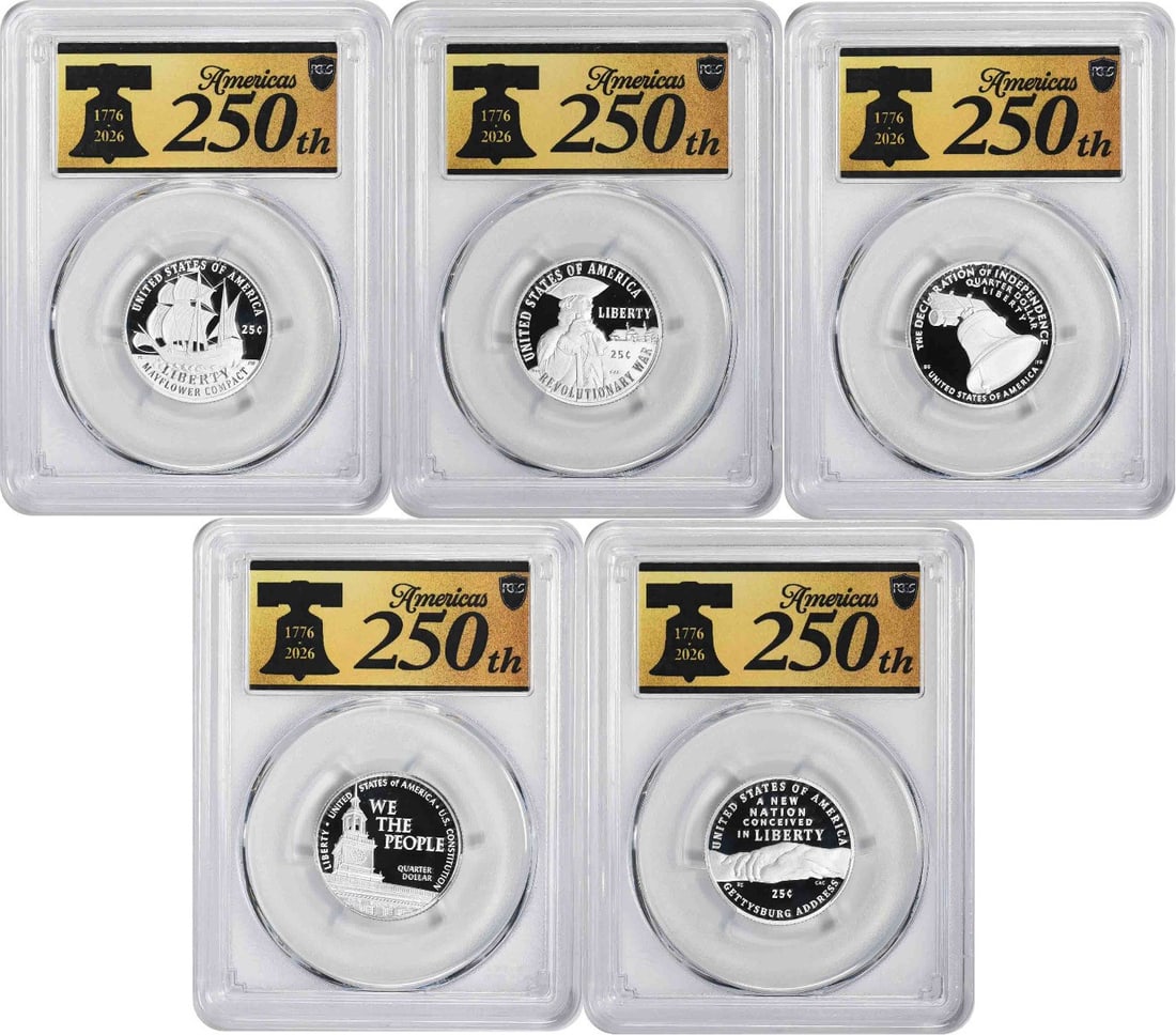 2026-S Semiquincentennial Silver Quarter Set PR70DCAM FDOI PCGS Anniv Label: 2026-S Semiquincentennial Silver Quarter Set PR70DCAM FDOI PCGS Anniv Label PR70DCAM FDOI PCGS Anniv Label - A 2026-S Semiquincentennial Silver Quarter Set in Exceptional Condition. This PCGS-certifie