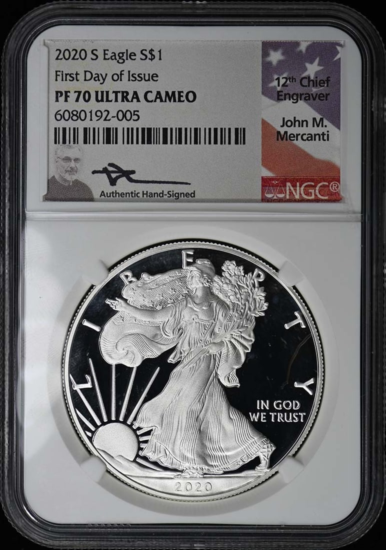 First Day of Issue 2020 S Eagle S$1: First Day of Issue 2020 S Eagle S$1 The 2020 First Day of Issue S$1 Eagle coin boasts a stunning PR70 grade from NGC, showcasing its exceptional condition. Featuring a majestic eagle design, this coin