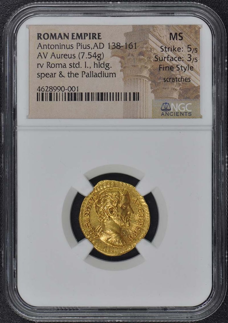 Aureus Fine Style NGC MS ROMAN Pius Antoninus AD 138-161: Aureus Fine Style NGC MS ROMAN Pius Antoninus AD 138-161 Aureus Fine Style NGC MS Roman Pius Antoninus AD 138-161 is a rare and historically significant ancient Roman coin. The NGC MS designation indi