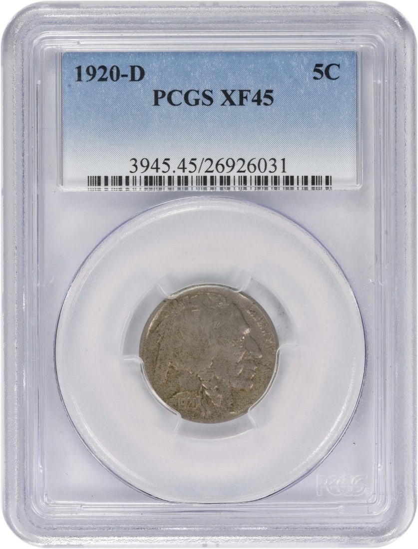 1920-D Buffalo Nickel EF45 PCGS: 1920-D Buffalo Nickel EF45 PCGS The 1920-D Buffalo Nickel EF45 PCGS is a circulated example of this iconic nickel coin, bearing the distinctive Buffalo design and graded by PCGS as EF45. This coin