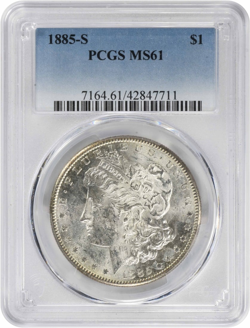 1885-S Morgan Silver Dollar MS61 PCGS: 1885-S Morgan Silver Dollar MS61 PCGS The 1885-S Morgan Silver Dollar is a highly detailed and intricately designed coin, featuring George T. Morgan's signature style. With its MS61 grade from PCGS,