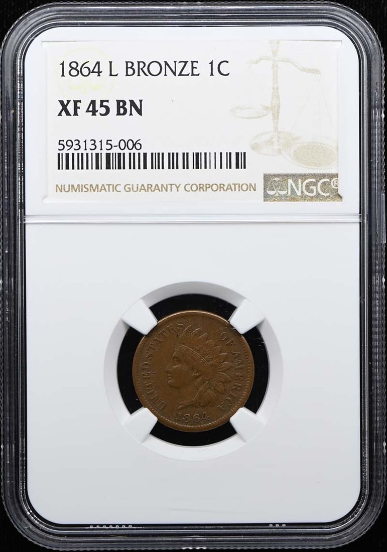 1864 L Bronze Indian Cent 1C NGC XF45BN: 1864 L Bronze Indian Cent 1C NGC XF45BN The 1864 L Bronze Indian Cent is a rare and historic coin, bearing the hallmark of the Philadelphia Mint. Certified by the NGC with a grade of XF45, this circul
