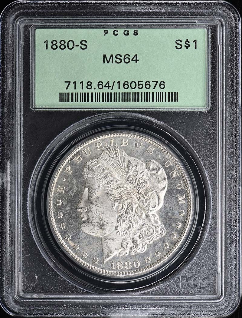 1880-S $1 Morgan Dollar PCGS MS64: 1880-S $1 Morgan Dollar PCGS MS64 The 1880-S $1 Morgan Dollar is a highly detailed and intricately designed coin, featuring a striking San Francisco mint mark. Graded MS64 by PCGS, this coin showcases