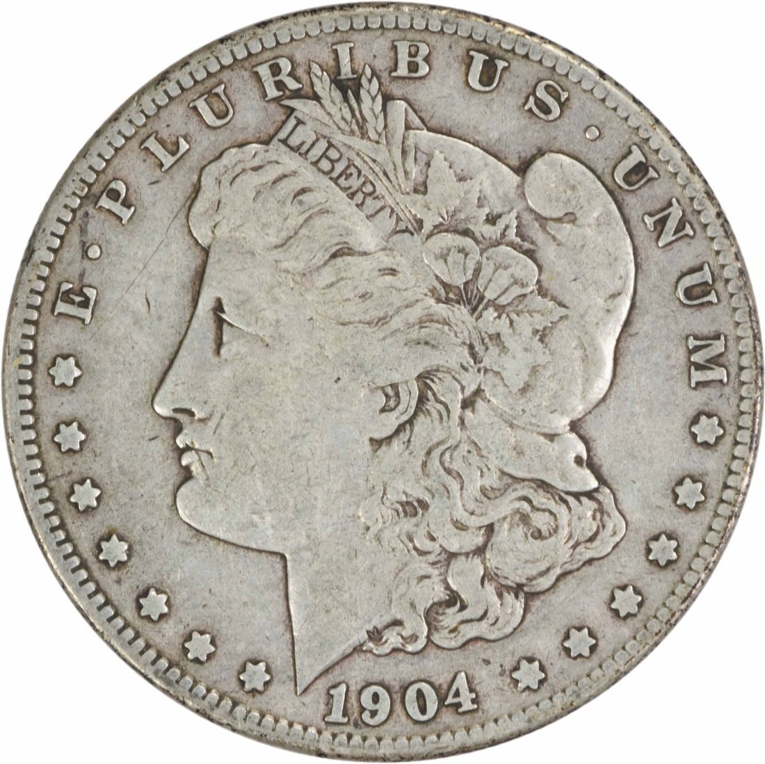 1904-S Morgan Silver Dollar VF Uncertified: 1904-S Morgan Silver Dollar VF Uncertified The 1904-S Morgan Silver Dollar is a circulated coin with a rich history, featuring a reeded edge and a distinctive mint mark. With its 90% silver and 10%