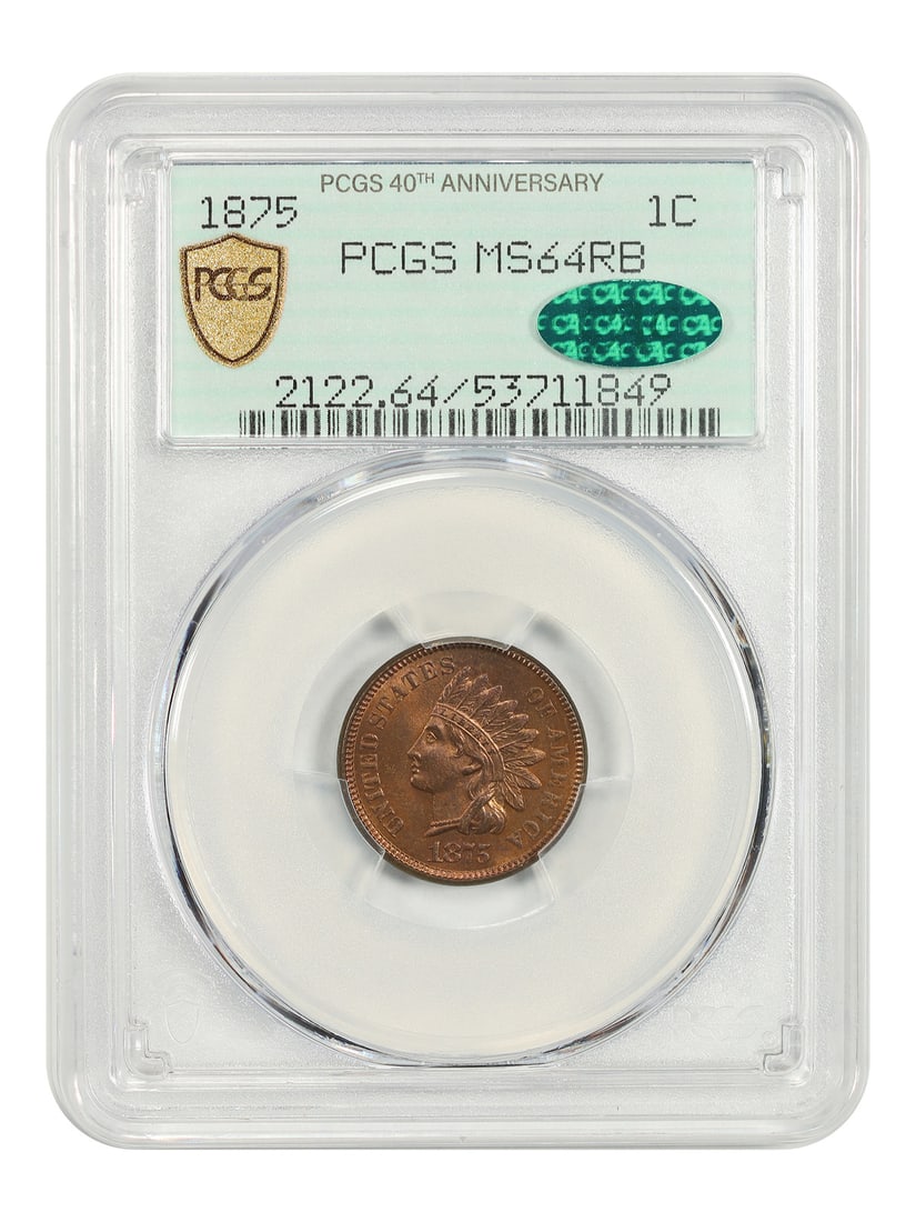 1875 1C PCGS/ CAC MS64RB - Indian Cent - Popular Type Coin: 1875 1C PCGS/ CAC MS64RB - Indian Cent - Popular Type Coin The 1875 Indian Cent is a highly sought-after coin, featuring a distinctive red and brown (RB) coloration. Certified MS64RB by PCGS and CAC,