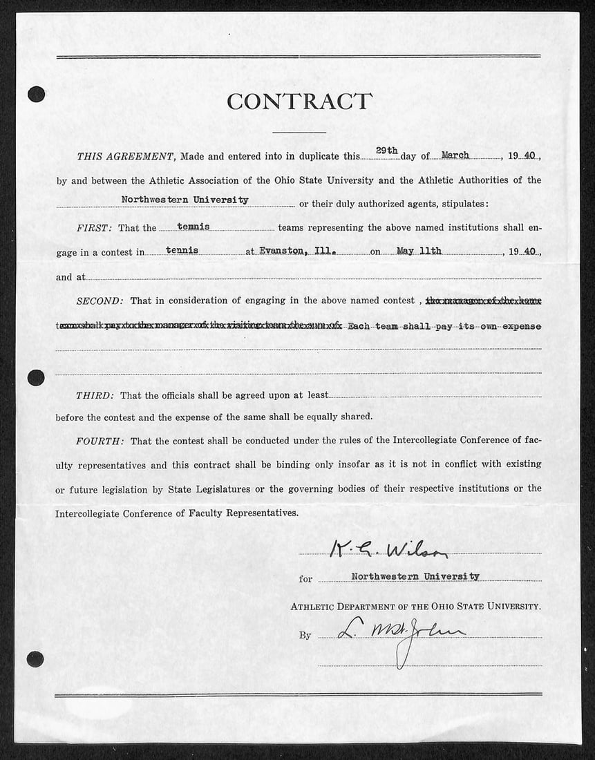 Lynn St. John HOF Signed 1940 Contract Ohio State & Northwestern JSA 198960: Lynn St. John HOF Signed 1940 Contract Ohio State & Northwestern JSA 198960 Lynn St. John's 1940 contract with Ohio State and Northwestern University bears the signature of the legendary baseball play