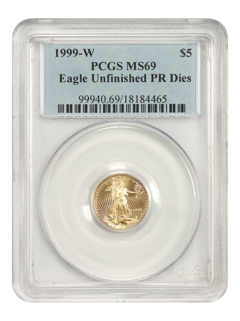 1999-W $5 Gold Eagle PCGS MS69 (Unfinished PR Dies) - $5 Gold Eagles: 1999-W $5 Gold Eagle PCGS MS69 (Unfinished PR Dies) - $5 Gold Eagles The 1999-W $5 Gold Eagle, certified MS69 by PCGS, boasts a striking appearance with its high grade of 69. This coin features the We