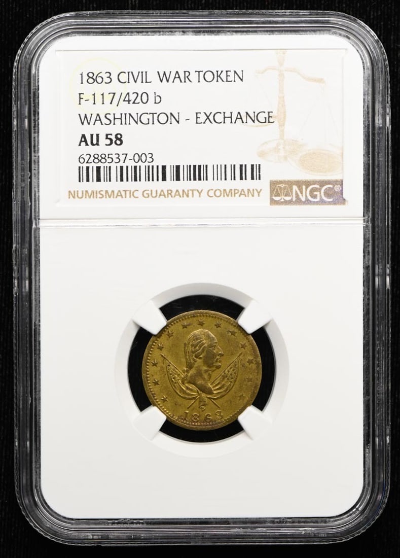 1863 CIVIL WAR F-117/ 420 b TOKEN NGC AU58: 1863 CIVIL WAR F-117/ 420 b TOKEN NGC AU58 Item Specifics: Circulated/Uncirculated: Circulated Grading Service: NGC Certification Number: 6288537003 Grade: AU58 Year Of Issue: 1863 Product Disclaimer: