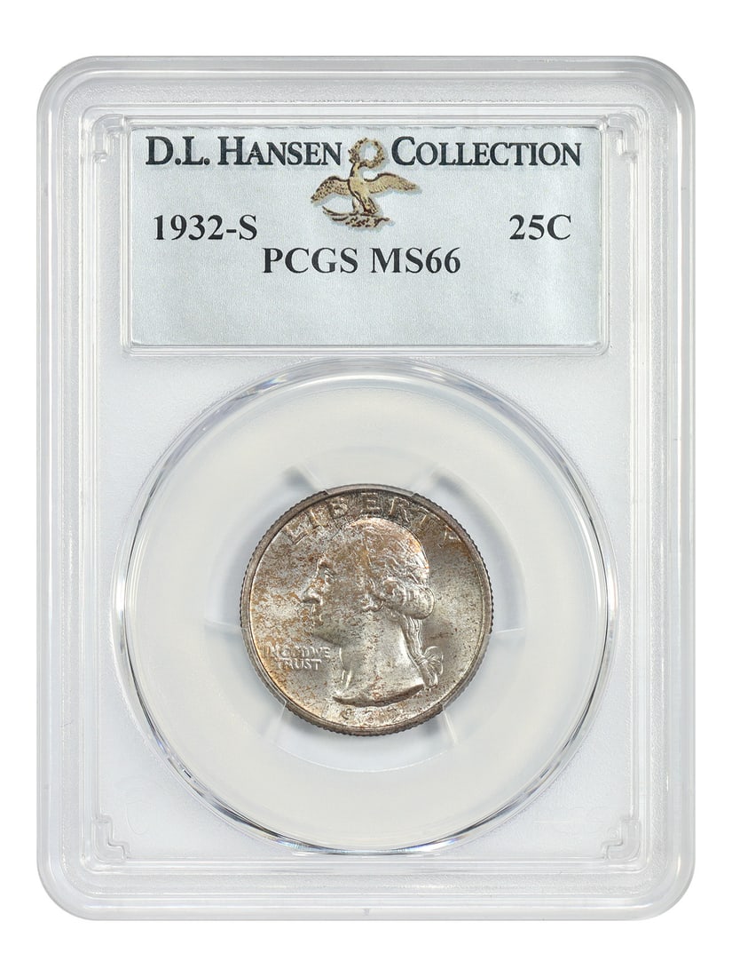 PCGS MS66 1932-S 25C ex D.L. Hansen Washington: PCGS MS66 1932-S 25C ex D.L. Hansen Washington The 1932-S 25C, graded MS66 by PCGS, boasts exceptional details and a rich history, bearing the signature of renowned collector D.L. Hansen. This uncircu