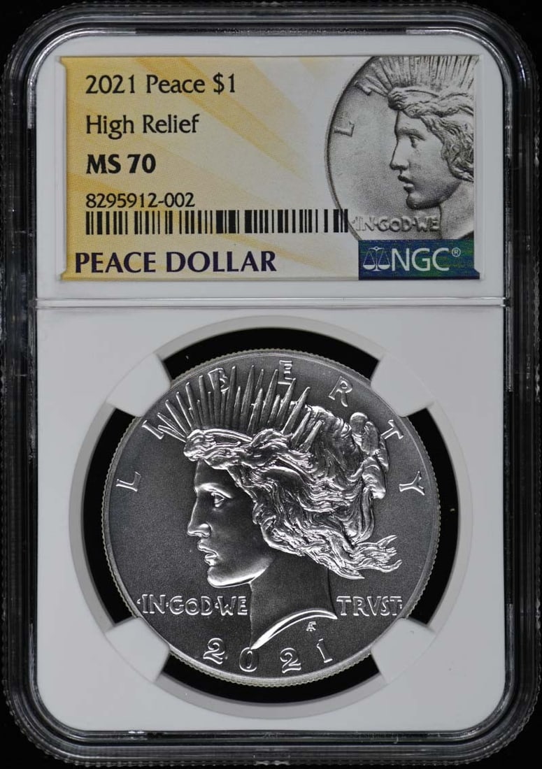 2021 Peace High Relief $1 NGC MS70: 2021 Peace High Relief $1 NGC MS70 The 2021 Peace High Relief $1 coin, graded MS70 by the Numismatic Guaranty Corporation (NGC), boasts exceptional mint state condition, showcasing its striking design