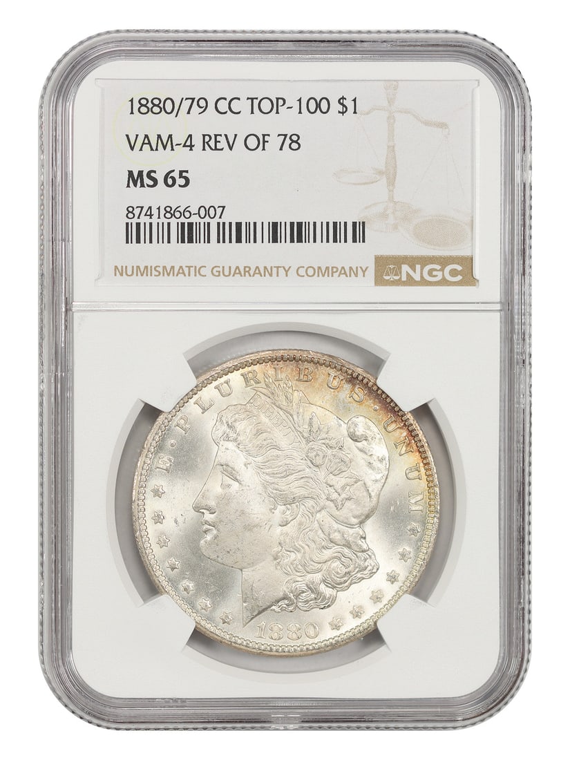 1880/ 79-CC $1 NGC MS65 (VAM 4, Rev of 78) - Morgan Dollar: 1880/ 79-CC $1 NGC MS65 (VAM 4, Rev of 78) - Morgan Dollar 1880/79-CC $1 Morgan Dollar MS65 (VAM 4, Rev of 78) - A highly detailed and well-crafted coin from the Carson City mint, featuring a