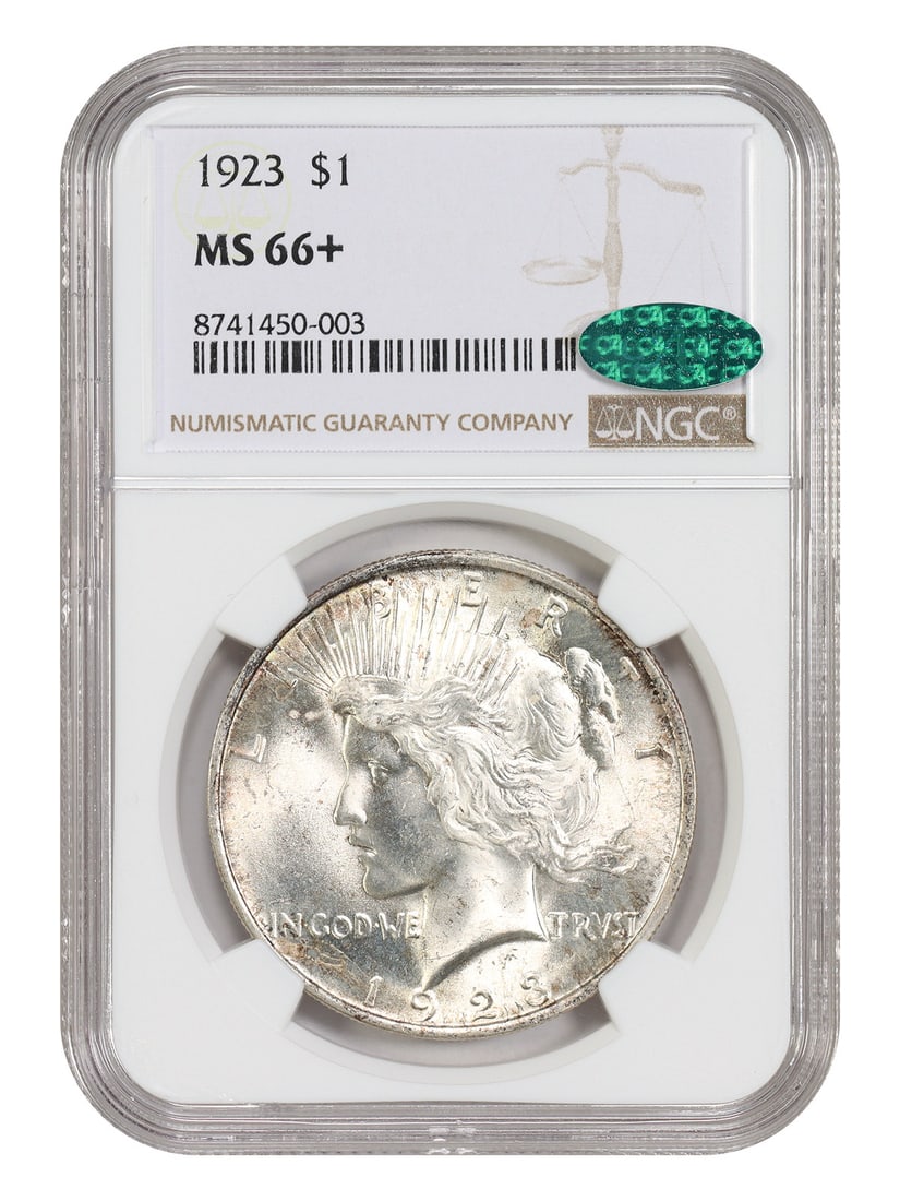 1923 $1 NGC/ CAC MS66+ - Peace Dollar - Popular Collector Date: 1923 $1 NGC/ CAC MS66+ - Peace Dollar - Popular Collector Date 1923 $1 NGC/ CAC MS66+ - Peace Dollar: A highly graded uncirculated example of the iconic Peace Dollar, certified by the Numismatic